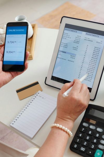 Woman checking brokerage account